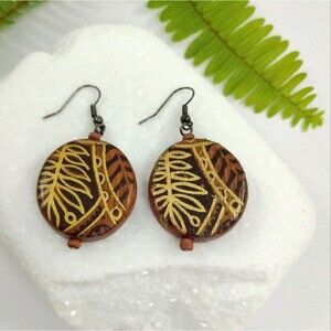 Brown Wooden Round Disk Drop Earrings Handpainted Gold Leaf Design